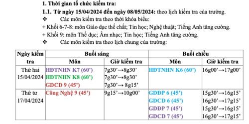 Lịch kiểm tra cuối Học kì 2 năm học 2023 - 2024