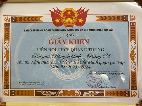 Sáng thứ 4 ngày 24/01/2024, Liên đội THCS Quang Trung tham gia Hội thi Nghi thức Đội TNTP Hồ Chí Minh quận Gò Vấp Năm học 2023 - 2024 và đạt giải Khuyến khích.