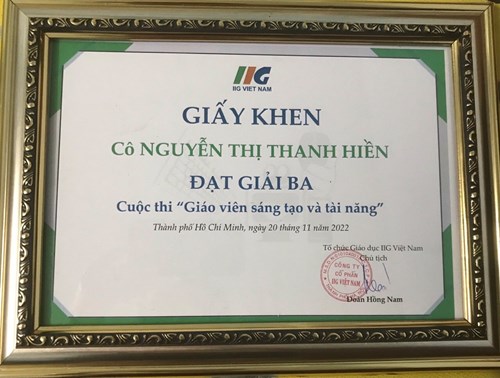 Cô Nguyễn Thị Thanh Hiền đạt giải ba cuộc thi  Giáo viên sáng tạo và tài năng 