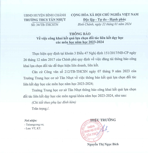 THÔNG BÁO 
Về việc công khai kết quả lựa chọn đối tác liên kết dạy học các môn học năm học 2023-2024