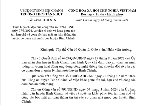 Về việc rà soát và khắc phục tồn tại, hạn chế về công tác bảo mật an toàn thông tin tại các cơ quan nhà nước của huyện Bình Chánh.