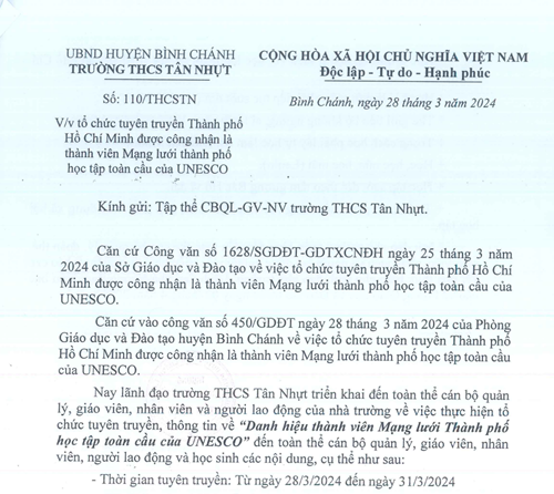 Công văn tổ chức tuyên truyền Thành phố Hồ Chí Minh được công nhận là thành viên Mạng lưới thành phố học tập toàn cầu của UNESCO.