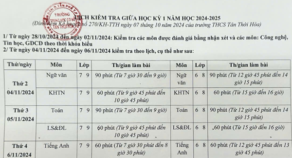 Trường THCS Tân Thới Hòa thông báo lịch kiểm tra giữa hk1 2024-2025