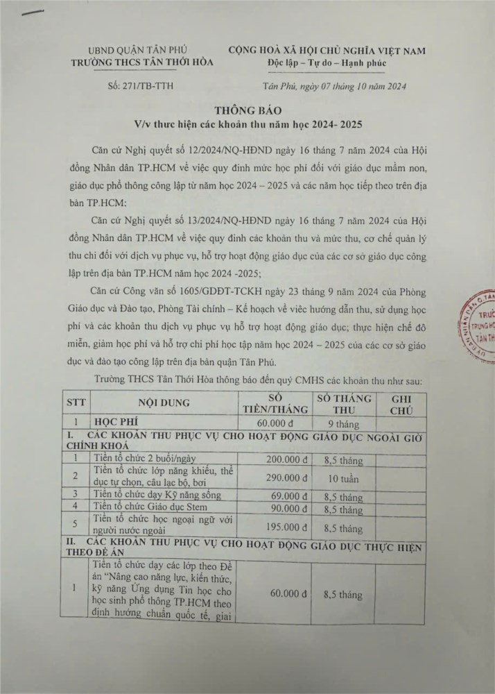 Trường thcs Tân Thới Hòa thông báo về viêc thực hiện thu học phí, các khoản thu dịch vụ phục vụ  hỗ trợ hoạt động giáo dục năm học 2024-2025