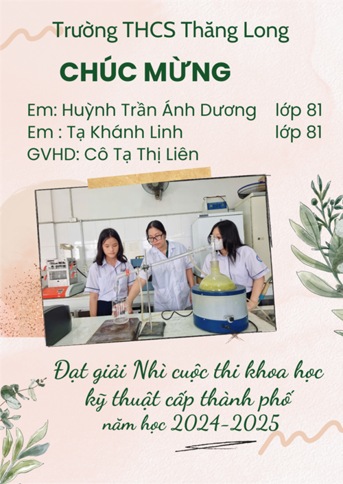 Trường thcs thăng long chúc mừng giáo viên, học sinh đạt giải nhì cuộc thi khoa học kĩ thuật  học sinh trung học cấp thành phố năm học 2024-2025