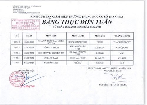 Thực đơn tuần từ 26/2 đến 1/3/24
