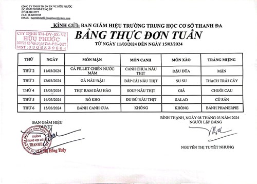 Thực đơn bán trú tuần từ 11/3 đến 15/3/24