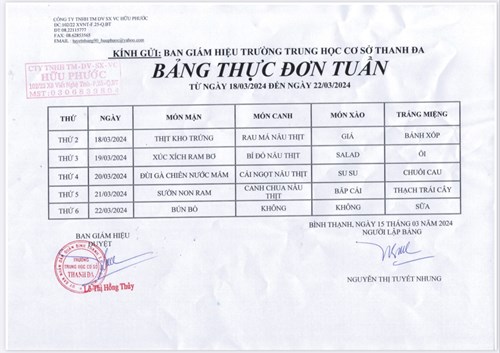 Thực đơn bán trú tuần từ 18/3 đến 23/3