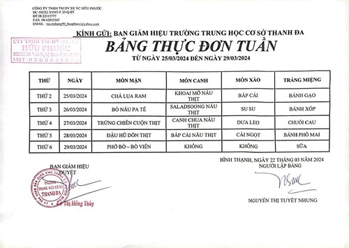 Thực đơn bán trú tuần từ 25/3 đến 29/3