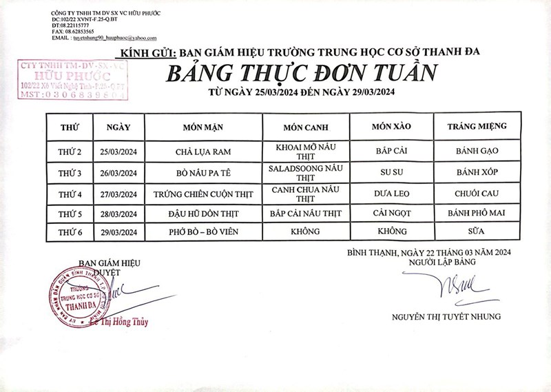 Thực đơn bán trú tuần từ 25/3 đến 29/3