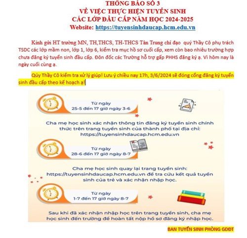 Thông báo số 3 về việc thực hiện tuyển sinh các lớp đầu cấp năm học 2024-2025