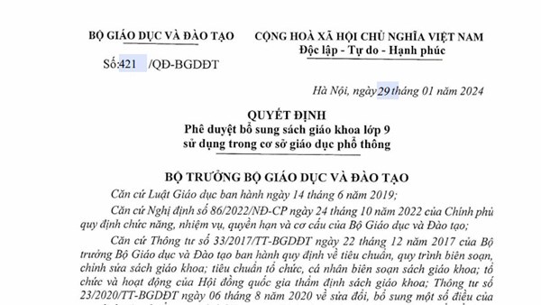 Quyết định phê duyệt bổ sung sách giáo khoa lớp 9 sử dụng trong cơ sở giáo dục phổ thông