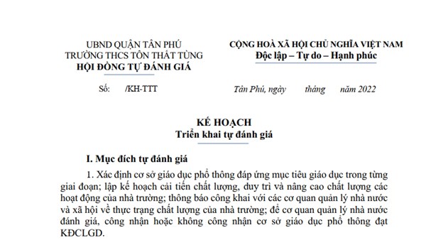 Trường THCS Tôn Thất Tùng Kế hoạch triển khai tự đánh giá