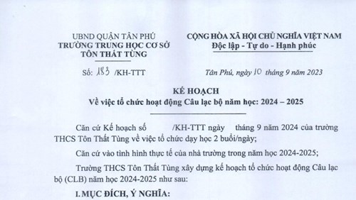 Kế hoạch tổ chức hoạt động Câu lạc bộ, năm học 2024 - 2025