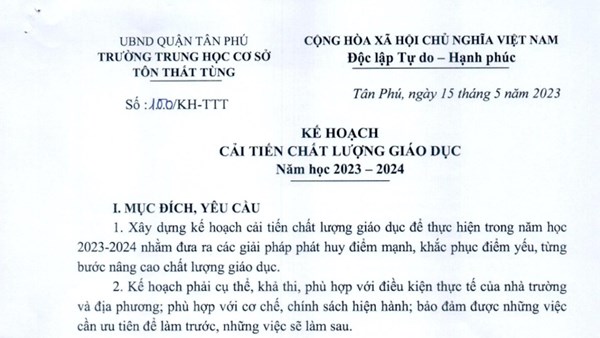 Kế hoạch cải tiến chất lượng giáo dục, năm học 2023 - 2024