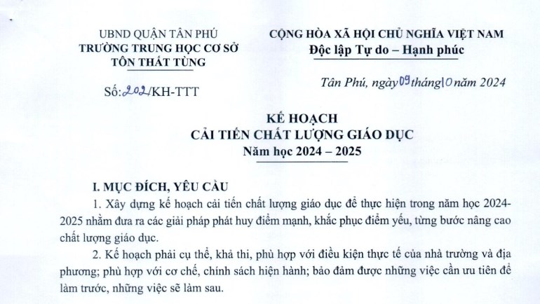 Kế hoạch cải tiến chất lượng giáo dục, năm học 2024 - 2025