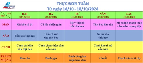 Kính gửi quý thầy cô, quý cha mẹ học sinh thực đơn bán trú (từ ngày 14/10/2024 đến ngày 18/10/2024)