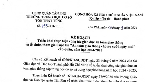 Kế hoạch triển khai thực hiện công tác giáo dục an toàn giao thông và tổ chức, tham gia Cuộc thi  An toàn giao thông cho nụ cười ngày mai  cấp quận, năm học 2024 - 2025
