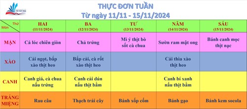 Kính gửi quý thầy cô, quý cha mẹ học sinh thực đơn bán trú (từ ngày 11/11/2024 đến ngày 15/11/2024)