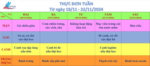 Kính gửi quý thầy cô, quý cha mẹ học sinh thực đơn bán trú (từ ngày 18/11/2024 đến ngày 22/11/2024)