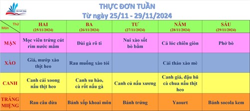 Kính gửi quý thầy cô, quý cha mẹ học sinh thực đơn bán trú (từ ngày 25/11/2024 đến ngày 30/11/2024)