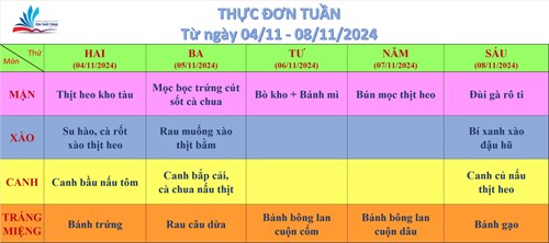 Kính gửi quý thầy cô, quý cha mẹ học sinh thực đơn bán trú (từ ngày 04/11/2024 đến ngày 08/11/2024)