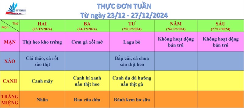 Kính gửi quý thầy cô, quý cha mẹ học sinh thực đơn bán trú (từ ngày 23/12/2024 đến ngày 27/12/2024)