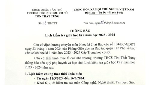 Thông báo Lịch kiểm tra giữa học kỳ 2, năm học 2023 - 2024