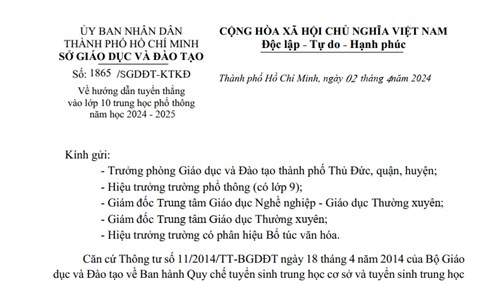 Hướng dẫn tuyển thẳng vào lớp 10 trung học phổ thông năm học 2024 - 2025