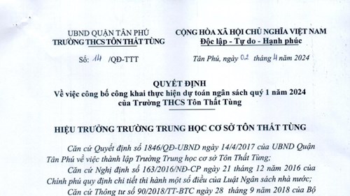 Quyết định về việc công bố công khai thực hiện dự toán ngân sách quý 1 năm 2024 của Trường THCS Tôn Thất Tùng