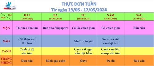 Kính gửi quý thầy cô, quý cha mẹ học sinh thực đơn bán trú (từ ngày 13/05/2024 đến ngày 17/05/2024)