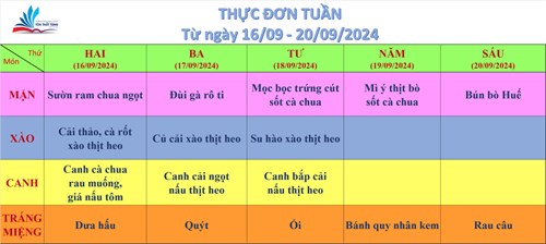Kính gửi quý thầy cô, quý cha mẹ học sinh thực đơn bán trú (từ ngày 16/09/2024 đến ngày 20/09/2024)