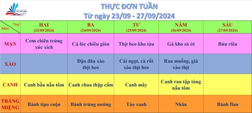 Kính gửi quý thầy cô, quý cha mẹ học sinh thực đơn bán trú (từ ngày 23/09/2024 đến ngày 27/09/2024)