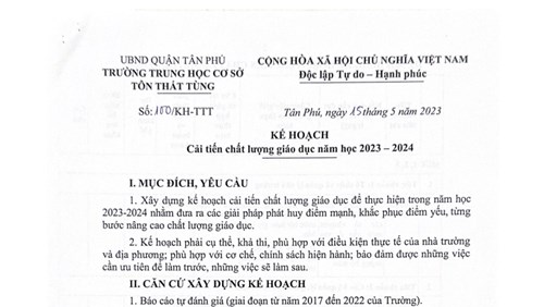 Kế hoạch cải tiến chất lượng giáo dục năm học 2023 - 2024