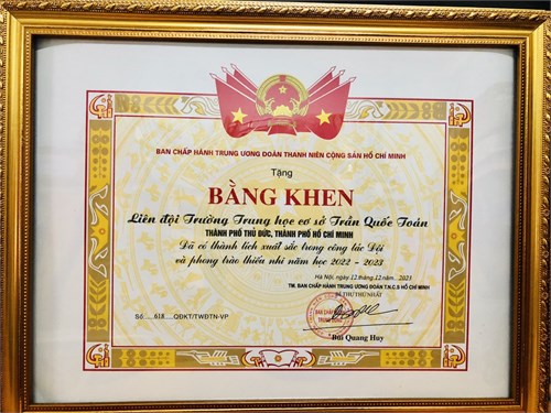 🌸🌸Liên đội THCS Trần Quốc Toản vinh dự nhận Bằng khen Trung Ương Đoàn TNCS Hồ Chí Minh về hoàn thành xuất sắc công tác Đội và phong trào thiếu nhi năm học 2022 - 2023🌸🌸