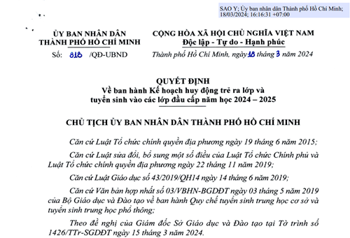 818/QĐ-UBND QUYẾT ĐỊNH Về ban hành Kế hoạch huy động trẻ ra lớp và tuyển sinh vào các lớp đầu cấp năm học 2024 - 2025
