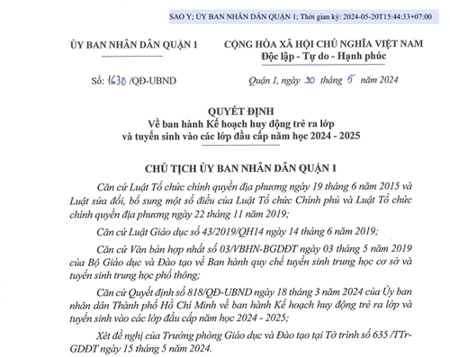 1630/QĐ-UBND QUYẾT ĐỊNH Về ban hành Kế hoạch huy động trẻ ra lớp và tuyển sinh vào các lớp đầu cấp năm học 2024 - 2025