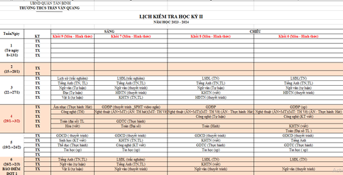 Lịch Kiểm tra Học kỳ II - Năm học 2023-2024