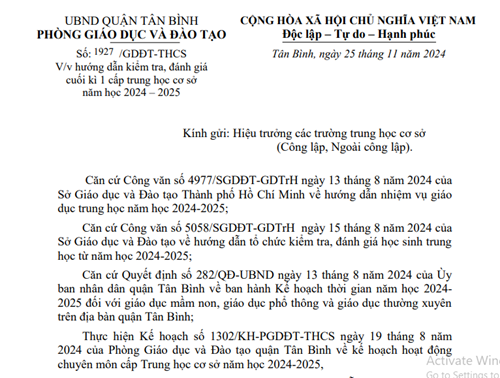 Về hướng dẫn kiểm tra, đánh giá cuối kỳ I cấp THCS năm học 2024-2025