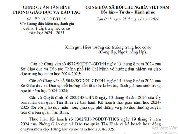 Về hướng dẫn kiểm tra, đánh giá cuối kỳ I cấp THCS năm học 2024-2025