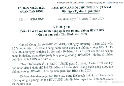 Về Kế hoạch triển khai Tháng hành động Quốc gia phòng, chống HIV/AIDS trên địa bàn quận Tân Bình năm 2024