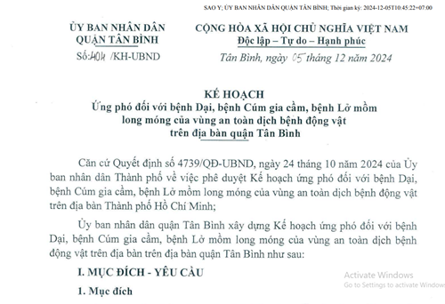 Về Kế hoạch ứng phó đối với bệnh Dại, bệnh Cúm gia cầm, bệnh Lở mồm long móng của vùng an toàn dịch bệnh động vật trên địa bàn quận Tân Bình