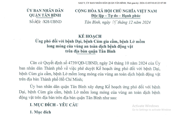 Về Kế hoạch ứng phó đối với bệnh Dại, bệnh Cúm gia cầm, bệnh Lở mồm long móng của vùng an toàn dịch bệnh động vật trên địa bàn quận Tân Bình