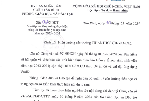 Về việc tiếp tục tăng cường thực hiện công tác Bảo hiểm y tế học sinh năm học 2023-2024