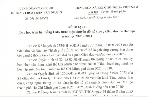 Kế hoạch dạy học trên hệ thống LMS thực hiện chuyển đổi số trong giáo dục và đào tạo năm học 2023-2024