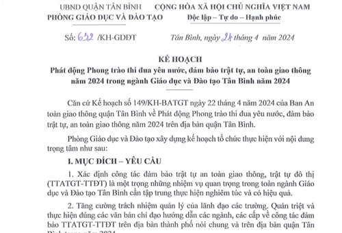 Kết quả phát động phong trào thi đua yêu nước đảm bảo trật tự an toàn giao thông trong ngành giáo dục Tân Bình năm 2024