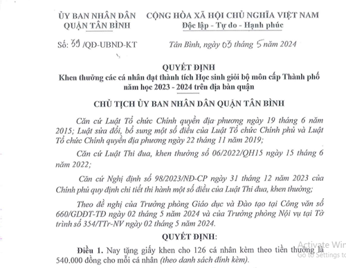 Về khen thưởng các học sinh đạt thành tích học sinh giỏi bộ môn cấp Thành phố năm học 2023-2024