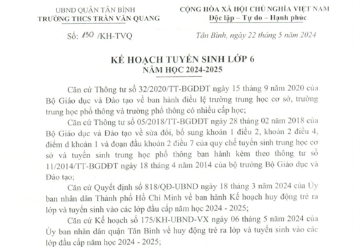 Kế hoạch tuyển sinh lớp 6 năm học 2024-2025