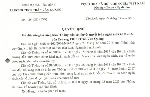 Về công khai xét duyệt quyết toán ngân sách năm 2022 của trường THCS Trần Văn Quang
