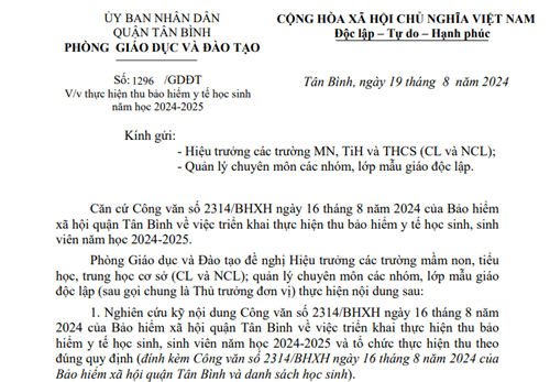 Về việc thu bảo hiểm y tế học sinh năm học 2024-2025